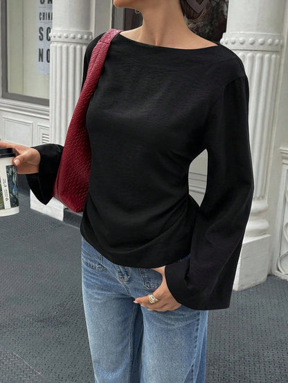 Women's Boat Neck Flare Sleeve Top with Back Tie