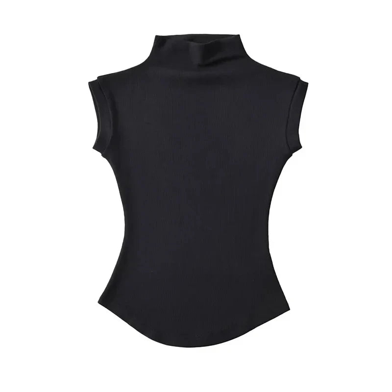 Turtleneck Sleeveless Slim Solid Stretch Tee