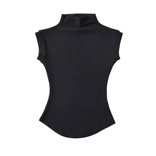 Turtleneck Sleeveless Slim Solid Stretch Tee