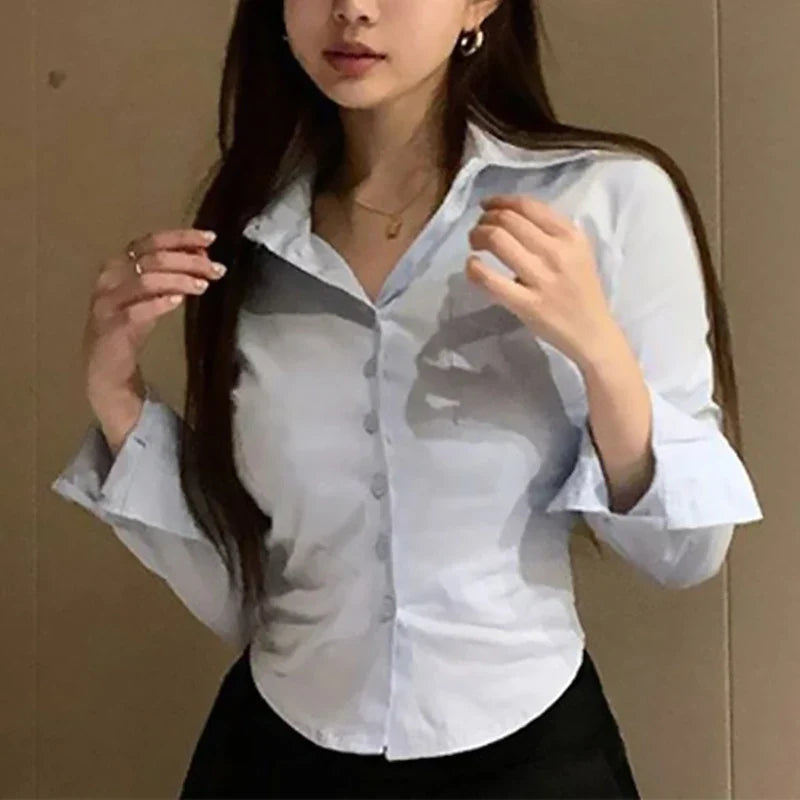 Chiffon Button-Up Blouse with Pockets