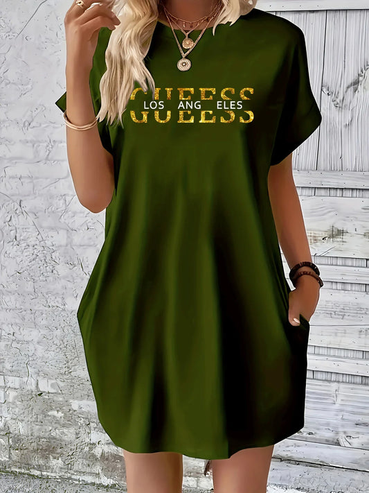 Letter Print Round Neck Short Sleeve Pocket Dress