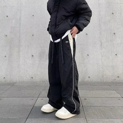 High Waist Wide Leg Patchwork Pants Loose Fit Elastic Waist Pockets