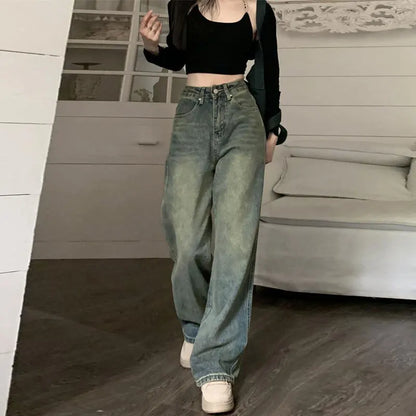 High Waist Wide Leg Jeans Vintage Straight Ankle Length Slimming