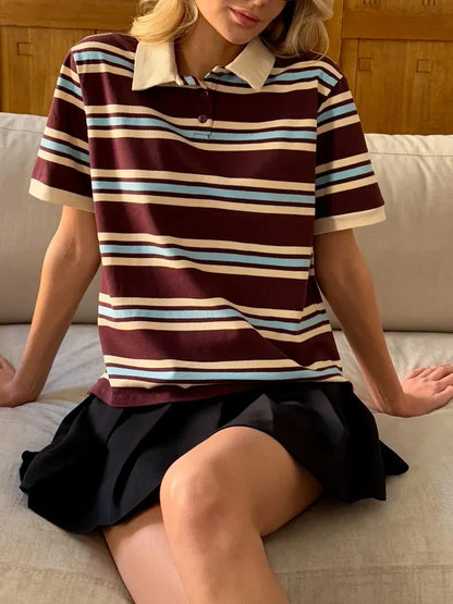 Kawaii Cartoon Print Polo Neck Cotton Tee
