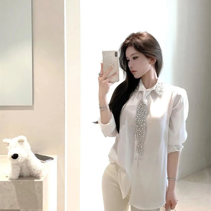 Women's White Shirt New Spring Autumn Crystal Beading With Necktie Chiffon Shirt Female Blouses Ladies Tops Women Clothing