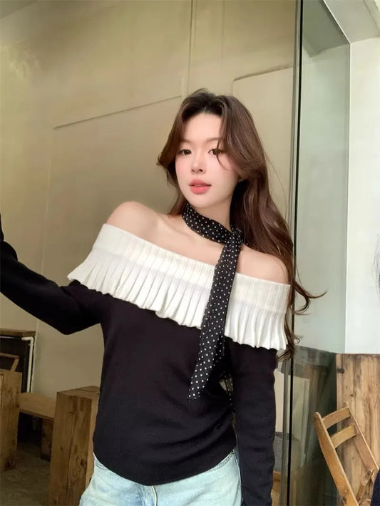 Slash Neck Ruffle Sweater Long Sleeve Regular Fit Pullover