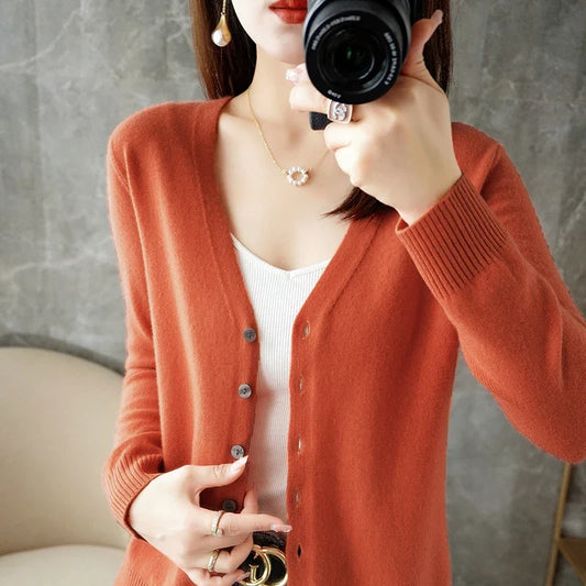 Women's V-Neck Knitted Cardigan - Loose Fit Button-Up Sweater
