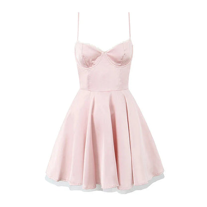 Women Sexy Elegant Sling A-Line Mini Dress Birthday Party Satin Dress