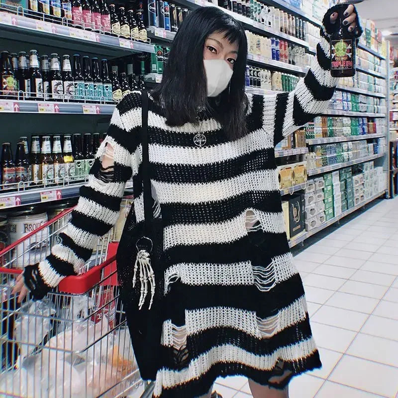 Round Neck Striped Ripped Knit Sweater Long Sleeve Loose Fit Pullover