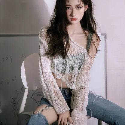 Round Neck Hollow-Out Cropped Knit Top Long Sleeve Loose Fit