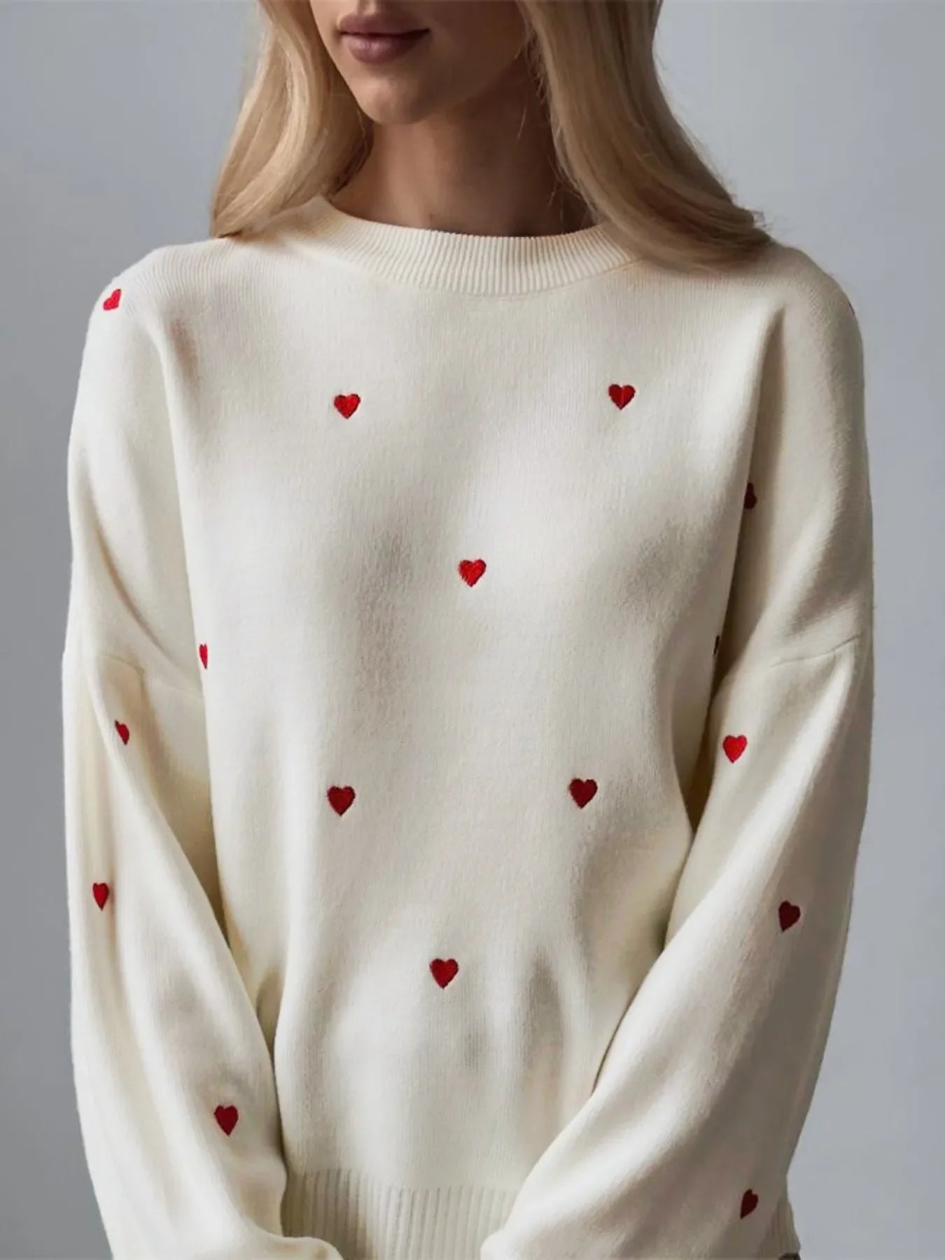 Women's Cream Red Heart Embroidered Oversized Knit Sweater