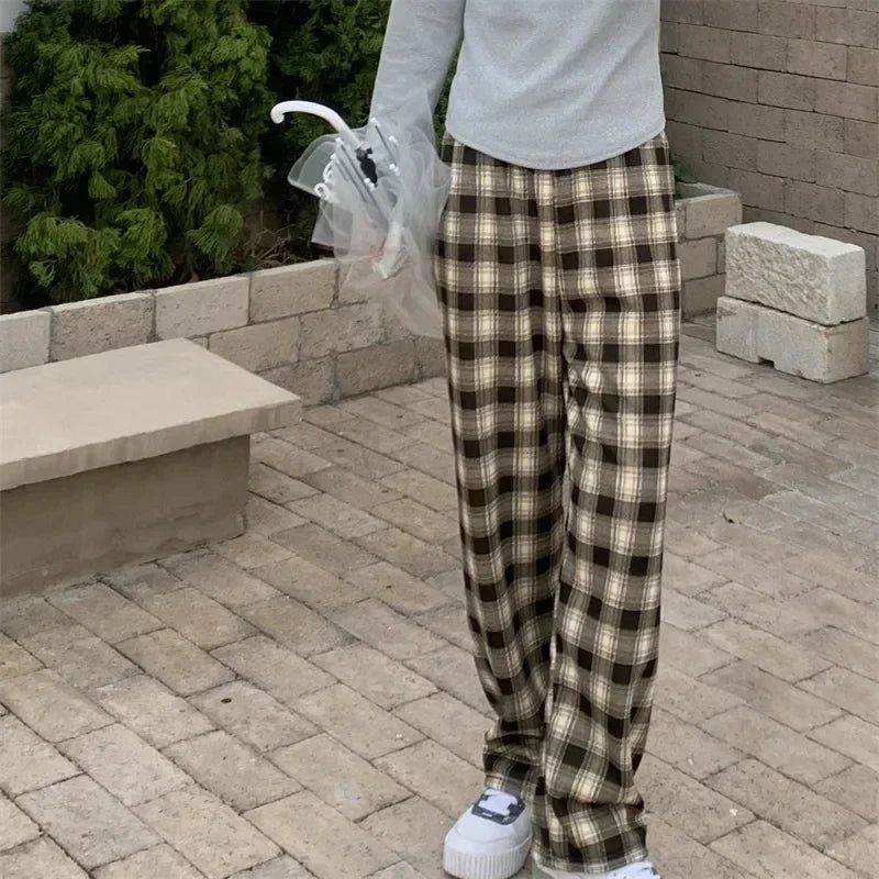 Plaid Wide Leg Plush Pants Warm Cashmere Loose Mid Waist Casual