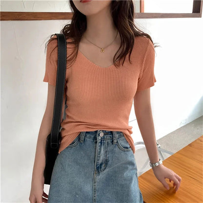 V-Neck Ribbed Knit Top Short Sleeve Slim Fit Pullover