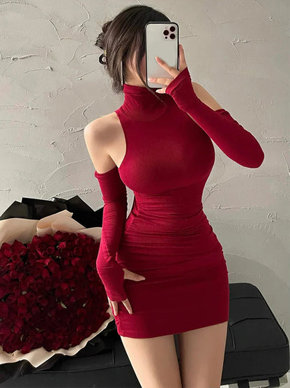 High Neck Bodycon Mini Dress Sleeveless Pleated Hip-Hugging Tight Fit