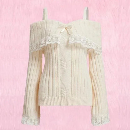 Women Off Shoulder Knit Sweater Pink Pullover Sweet Pullovers Long Sleeve Bow Lace Patchwork Jumpers Y2k Streetwear