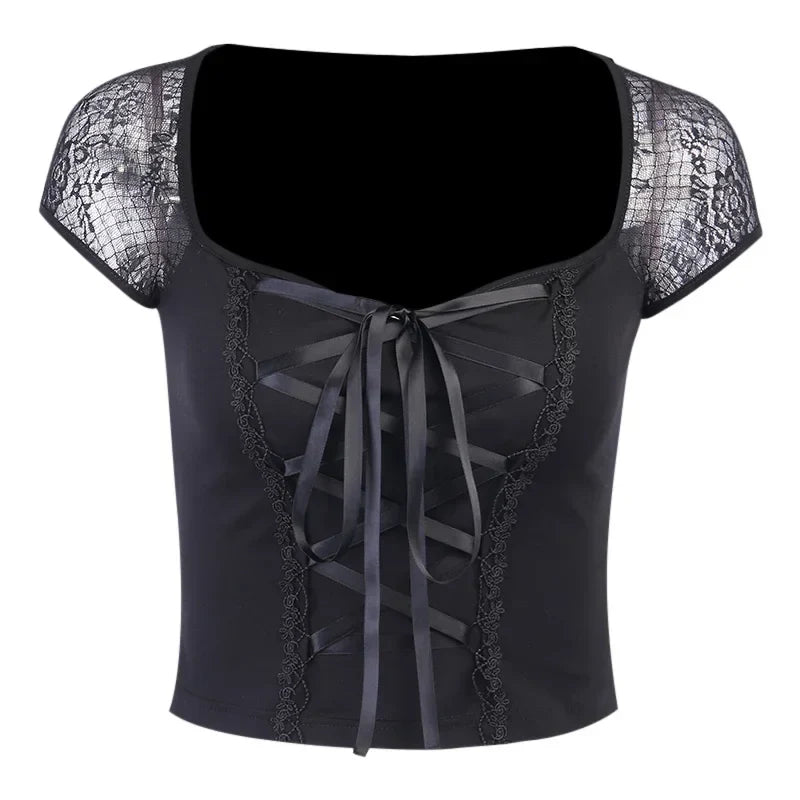 Gothic Lace Patchwork T-Shirt Women Turtleneck Short Sleeve Top