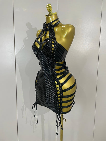 Women's Gothic Leather Bandage Halter Dress