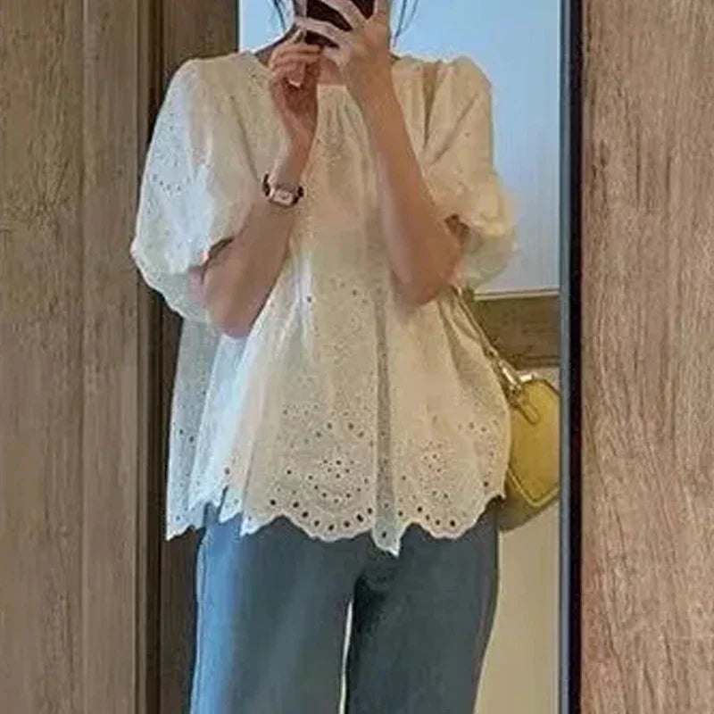 French Style Embroidered Lace Blouse Women White Short Puff Sleeve Round Collar