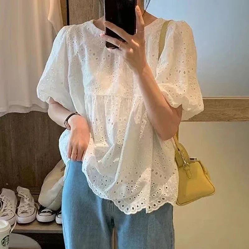 French Style Embroidered Lace Blouse Women White Short Puff Sleeve Round Collar