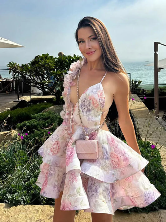 3D Flower Print Lace-Up Backless Mini Dress