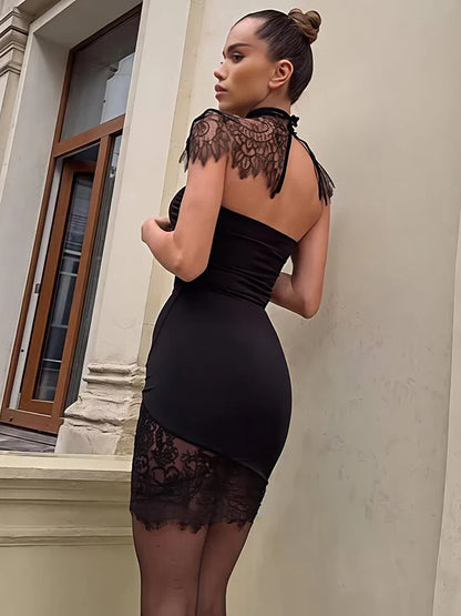 Lace Backless Sexy Mini Dress Women Gown Elegant See Through Turtleneck Sleeveless Bodycon Club Party Dress