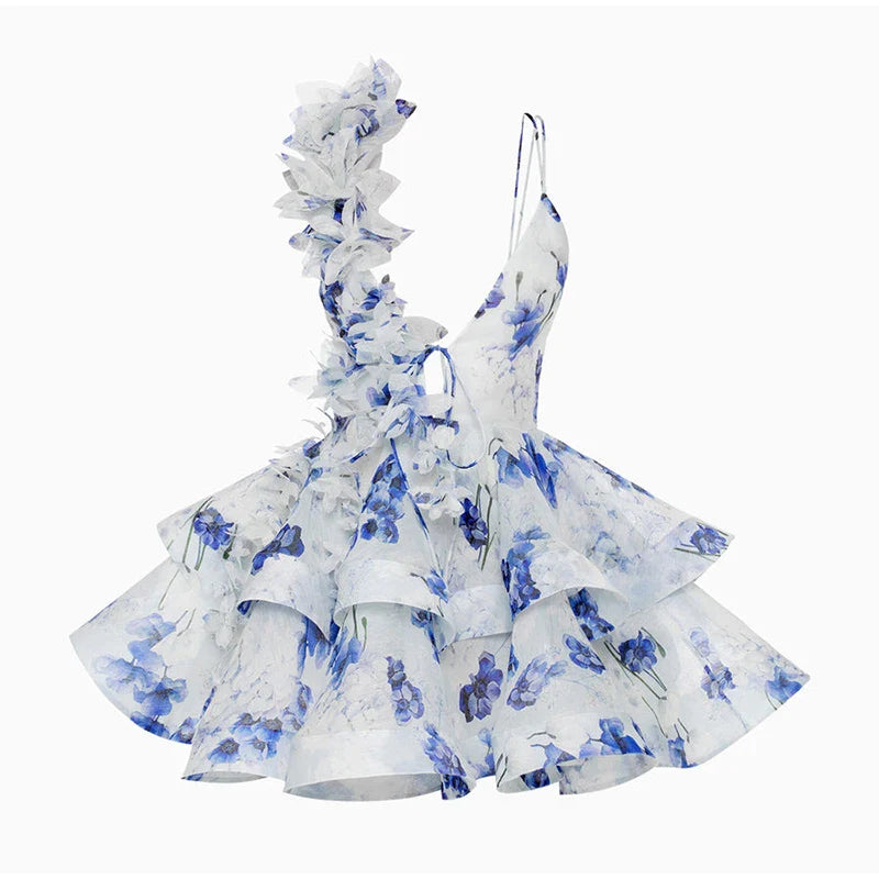 3D Flower Print Lace-Up Backless Mini Dress