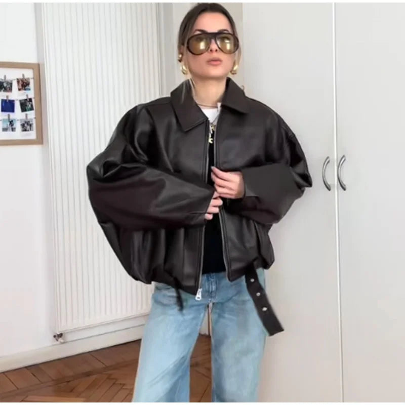 Women's Vintage PU Leather Bomber Jacket with Belt