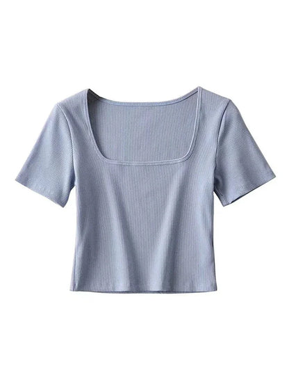 Square Neck Ribbed Short Sleeve Crop Top