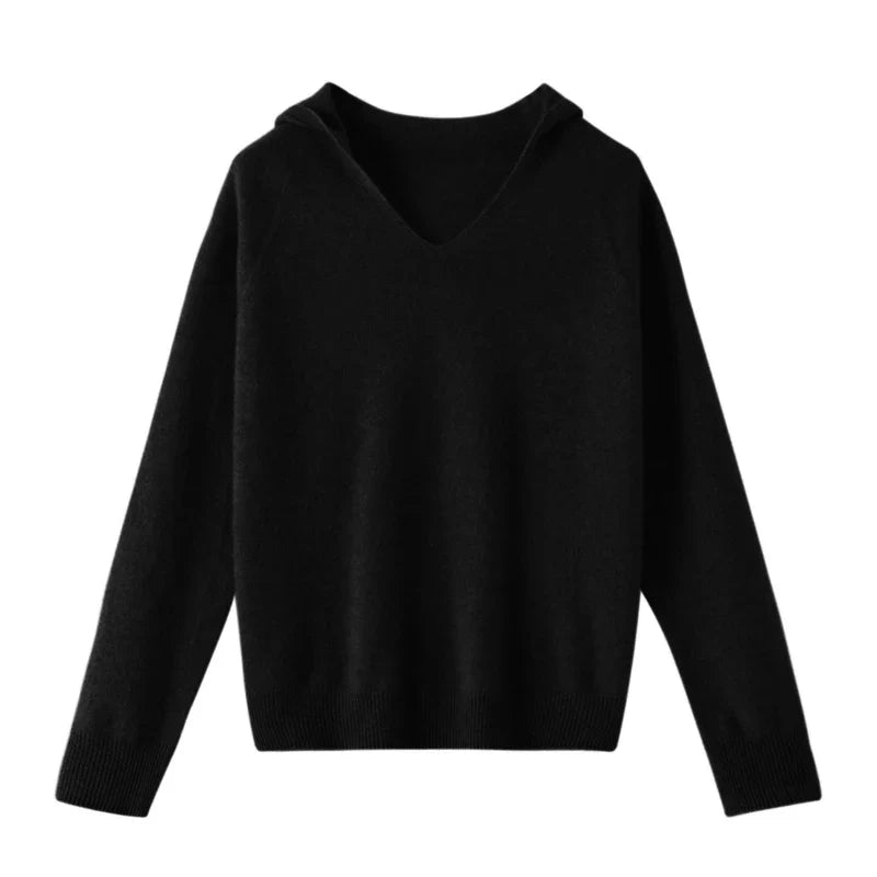 Hooded Merino Wool Sweater Long Sleeve Loose Fit Pullover