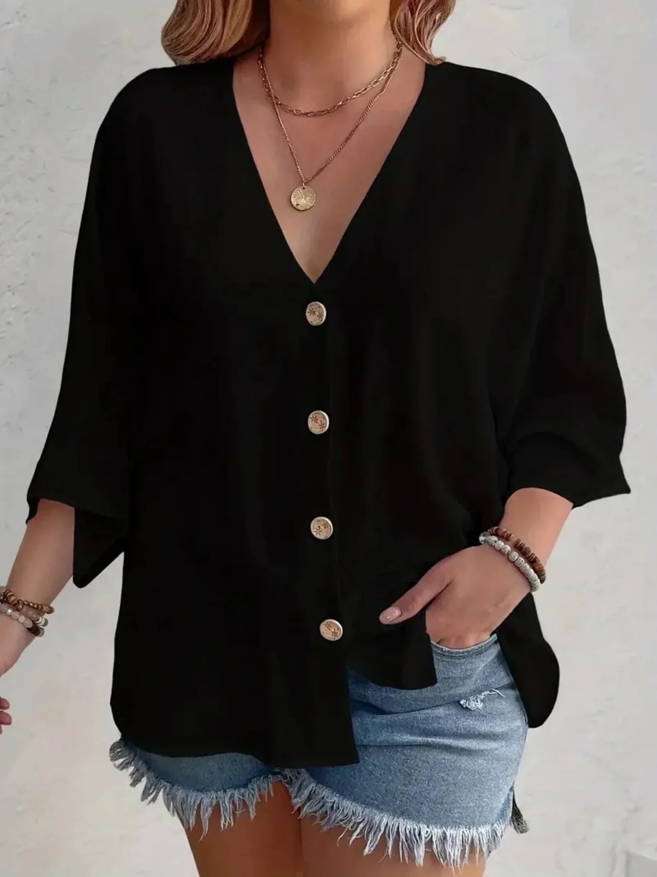 Plus Size Women's V-Neck Long Sleeve Chiffon Blouse