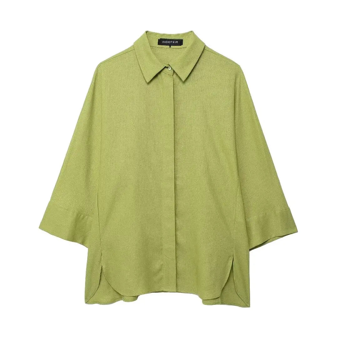 Turn-Down Collar Button Blouse & Wide Leg Pants Set