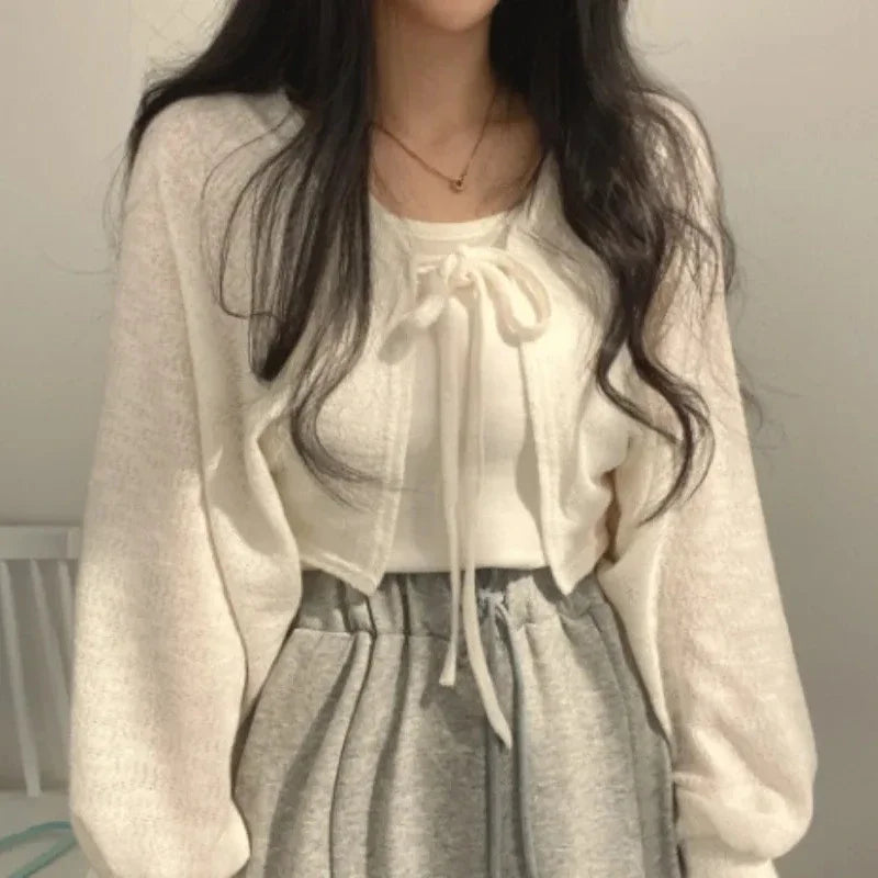 Women's Sunscreen Crop Cardigan - Lace-Up Knit Cover Up