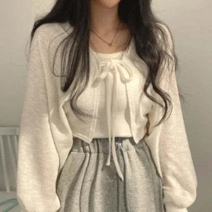 Women's Sunscreen Crop Cardigan - Lace-Up Knit Cover Up