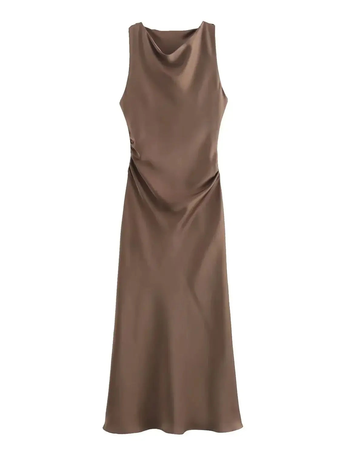 Satin Twisted Armhole Waist Gathered Midi Dress