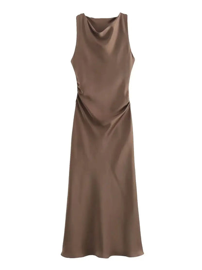 Satin Twisted Armhole Waist Gathered Midi Dress
