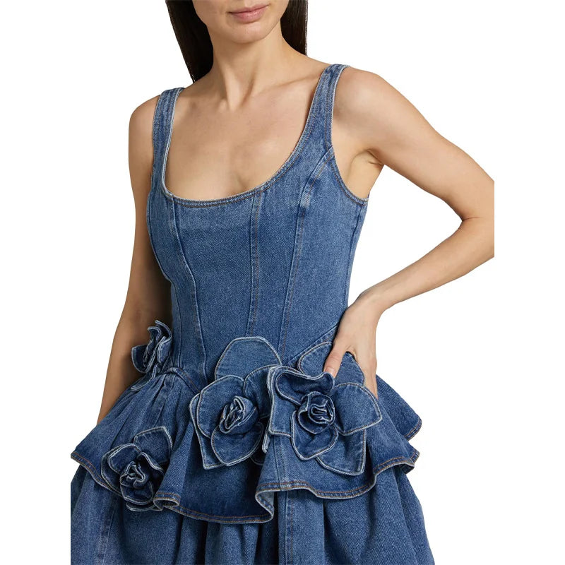 3D Floral Denim Halter A-Line Maxi Dress
