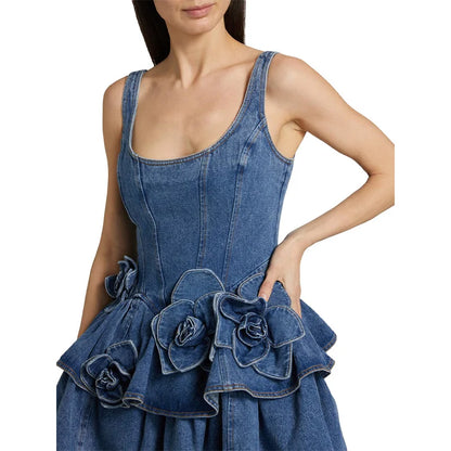 3D Floral Denim Halter A-Line Maxi Dress
