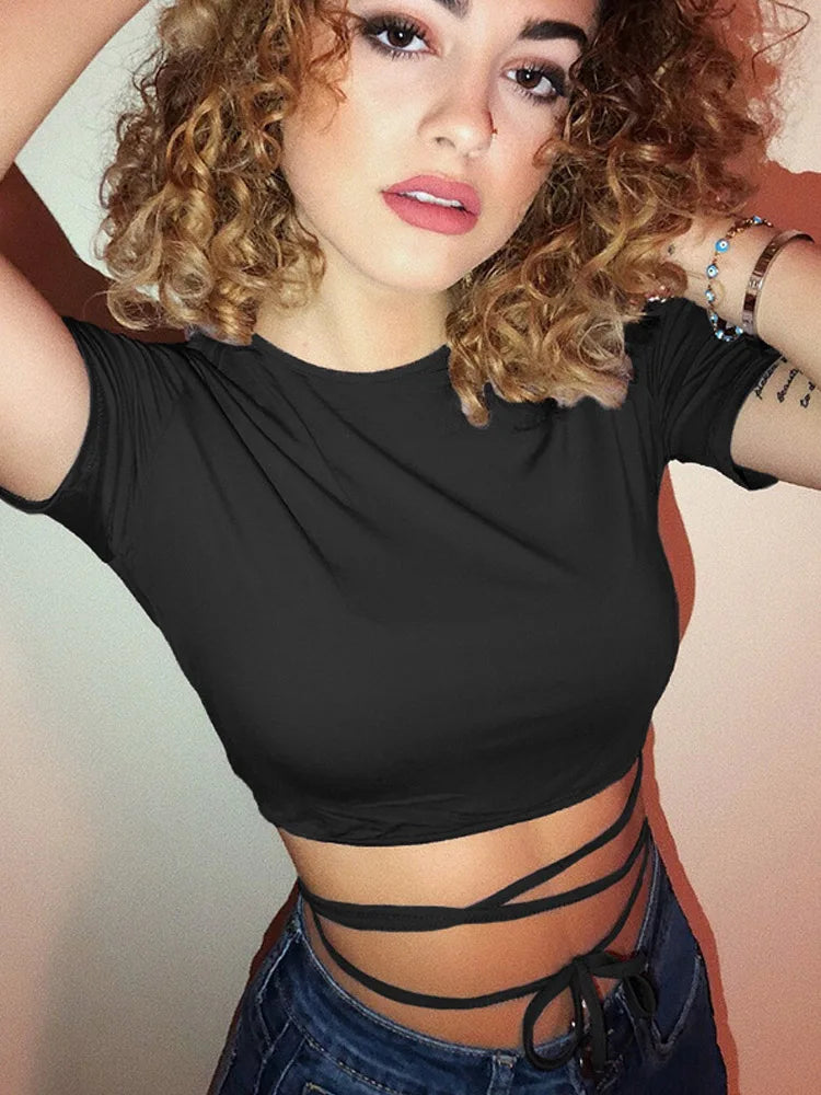 Sexy Short Sleeve Bandage Crop Top O-Neck Slim Fit High Street Tee