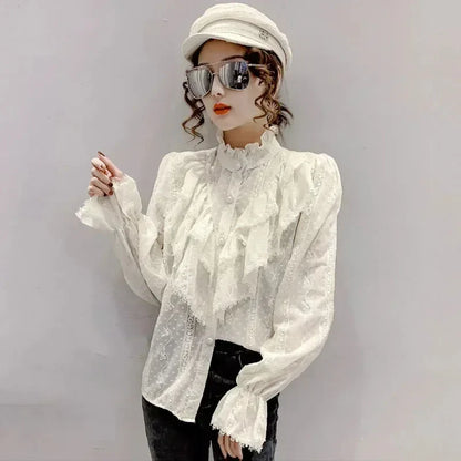 Elegant Stand Collar Pleated Tops Casual Ruffle Lace Blouse