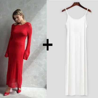 Knit Sweater Midi Dress Round Neck Long Sleeve Loose Hollow-Out