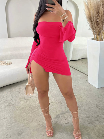 Strapless Backless Mini Dress Women Off Shoulder Long Sleeve Bodycon Club Party