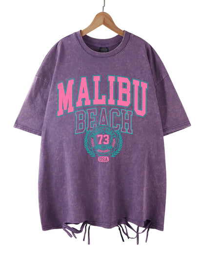 Malibu Beach Letter Print Washed Oversized Tee