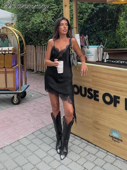 Sexy Lace Sling Dress Women Off Shoulder Backless High Waist Mini Dress