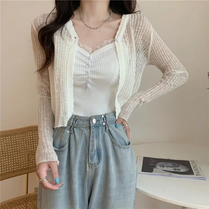 Women's V-Neck Long Sleeve Ice Silk Knit Sheer Cardigan Top
