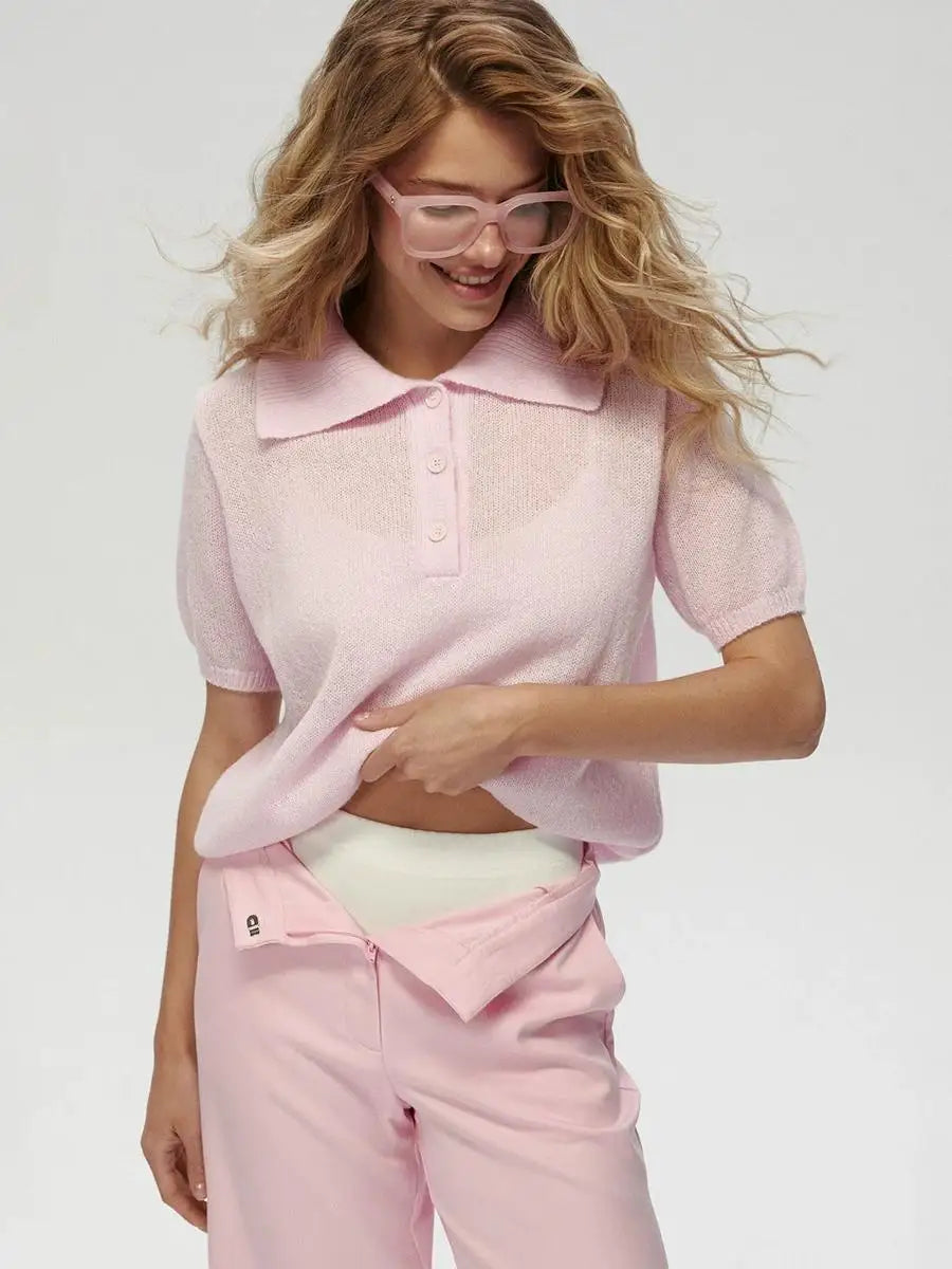 Polo Collar Knit Top Puff Sleeve Hollow-Out Loose Fit