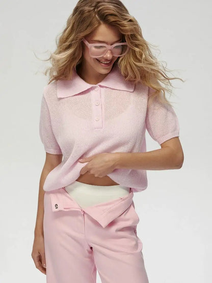 Polo Collar Knit Top Puff Sleeve Hollow-Out Loose Fit