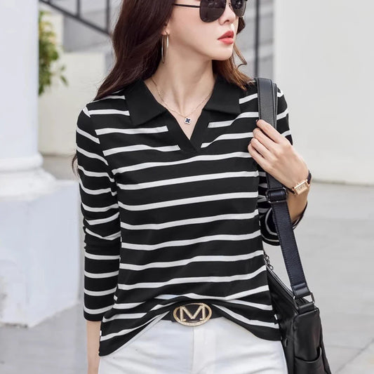 Women's Striped T-Shirt - Korean O-Neck Long Sleeve Patchwork Top