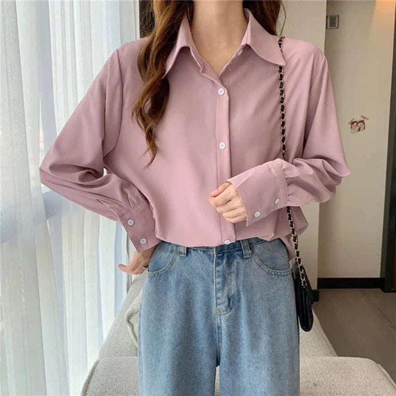 Women's Chiffon Button-Up Blouse - Loose Long Sleeve Shirt