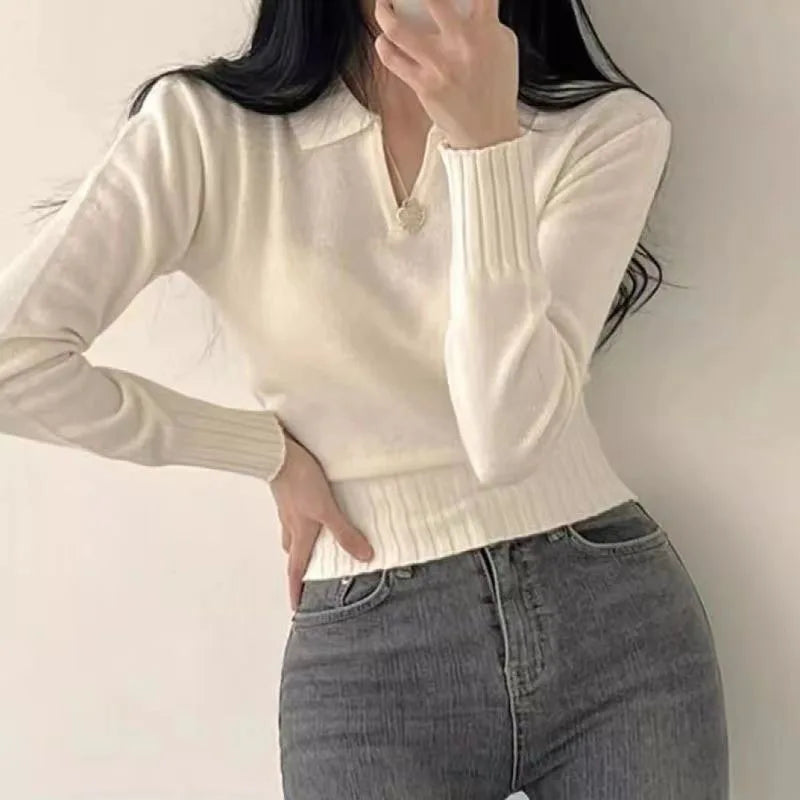 Button-Up Collar Cropped Knit Sweater Long Sleeve Slim Fit