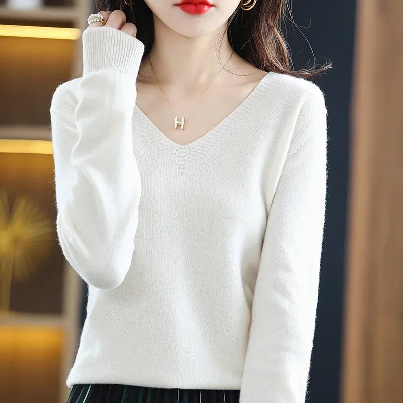 V-Neck Knit Sweater Long Sleeve Slim Fit Pullover